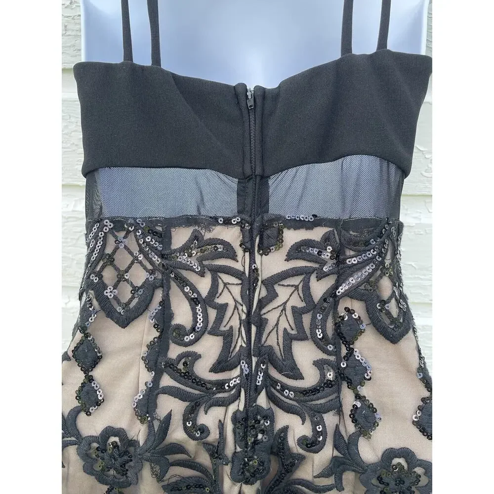 Emerald Sundae Dress Sz 3/4 Black Nude Lace Sequin Strappy Sleeveless Mini - Picture 4 of 6